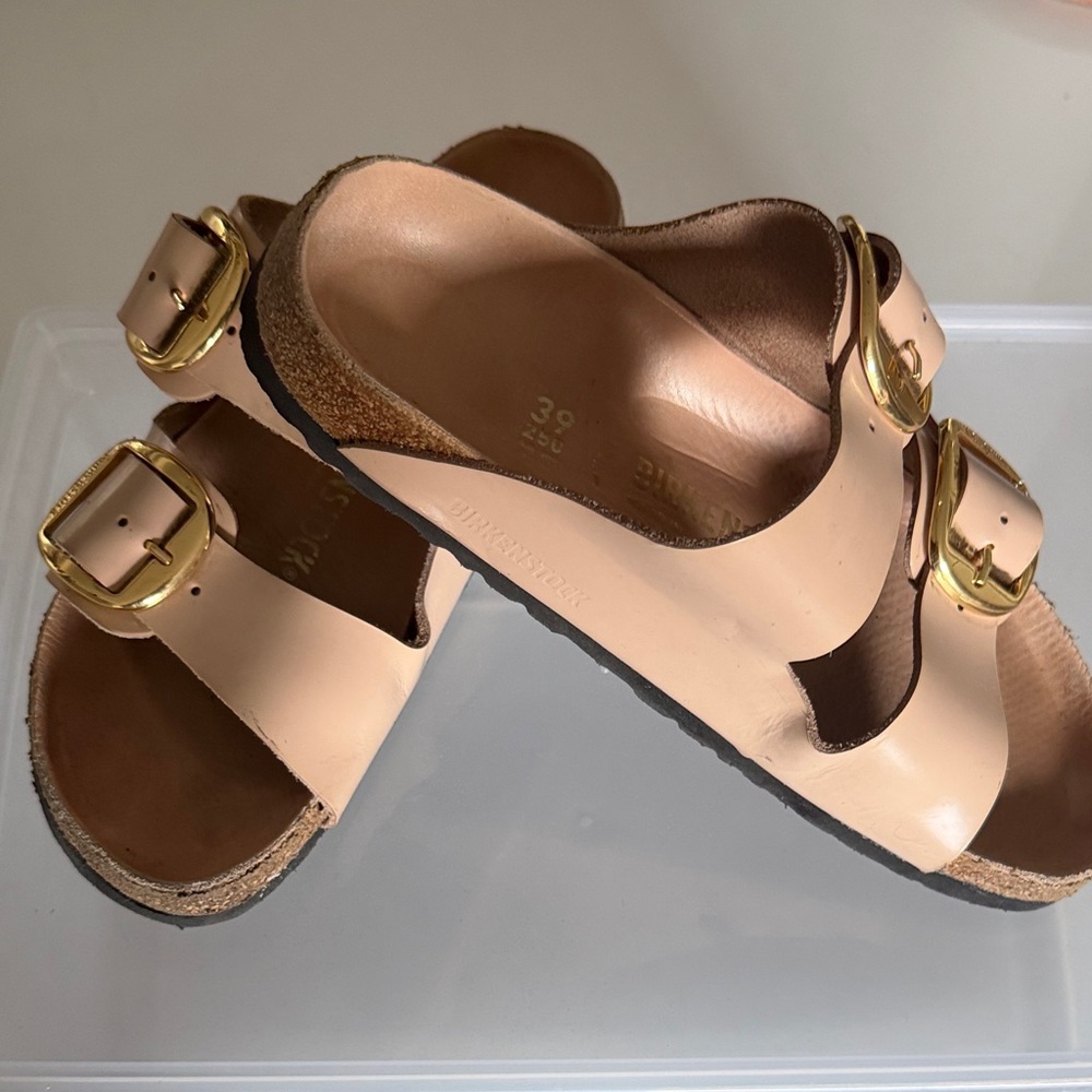 Birkenstock Nude Sandals with Gold Buckles